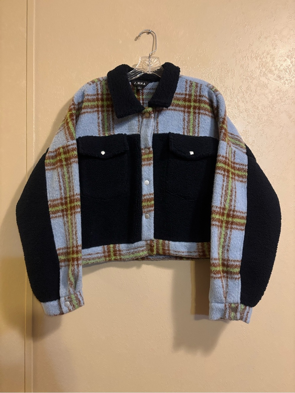 J.Nna women’s Plaid Mixed Media Cropped Jacket sz L